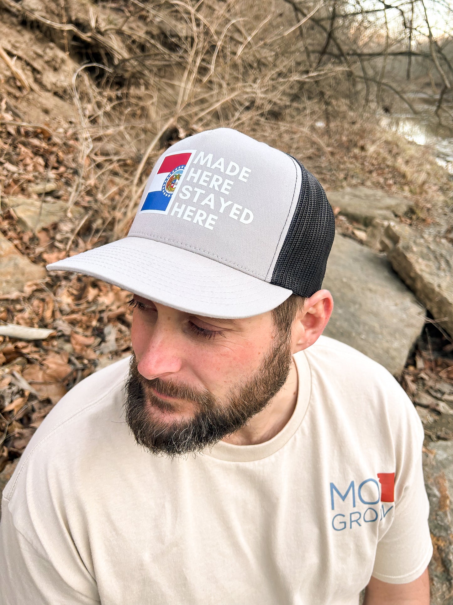 "MADE HERE, STAYED HERE" FLATBILL SNAPBACK TRUCKER HAT